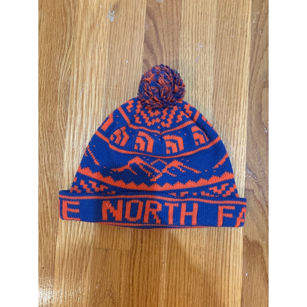 The North Face Blue Orange Mountain Jacquard Knit Pom Beanie Hat One Size